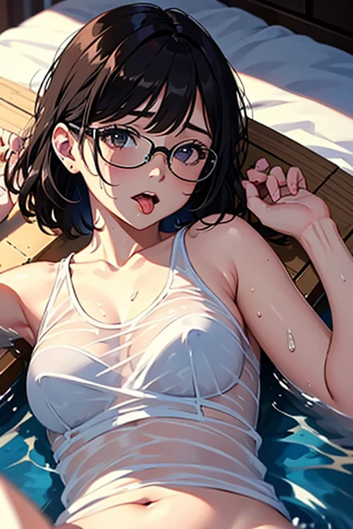 so beautiful, Beautiful Eyes, Highest quality, Very detailed, Intricate details, One Girl ,Short brown hair, Brown eyes, Thick thighs, bikini, good looking, Long Hair, Black Hair, Pink highlights on the tip, Pale pink eyes,Wear glasses、Happy smile、In the water、colorful