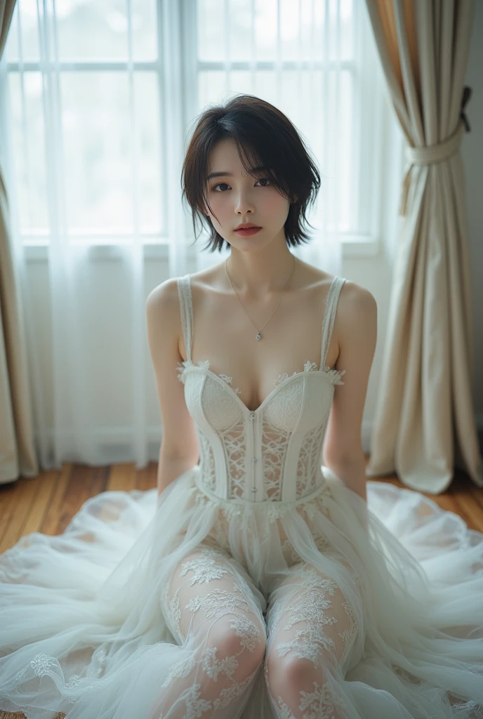 ((Best quality, 8k, Masterpiece, ultra detailed, ultra high res, photorealistic, raw photo, absurdres, absolutely resolution:1.5)), pretty girl, 1girl, (Smile), bob cut, large breasts, ((naked lace frill apron with open chest, no panties,bottomless)), (see-through:1.5), ultra-detailed face, highly detailed lips, detailed eyes, double eyelid