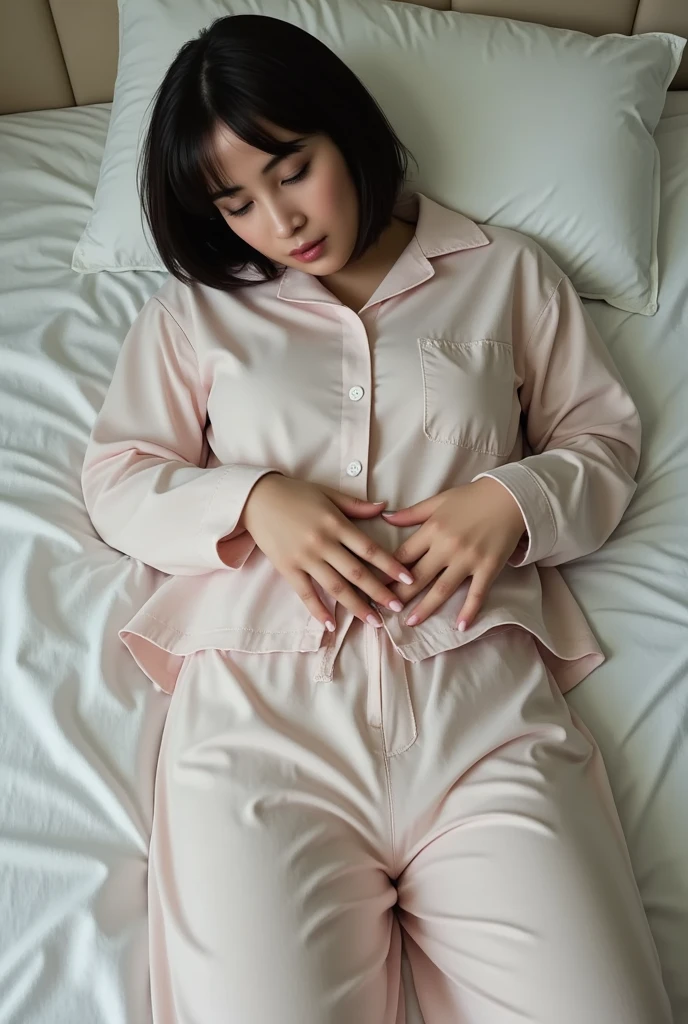 Sleeping girl, 22 years old, realistic, she wears long pants, wears pink pajamas, has brown hair, big: 1.2, fluttering underwear, underwear is pure white ruffles,