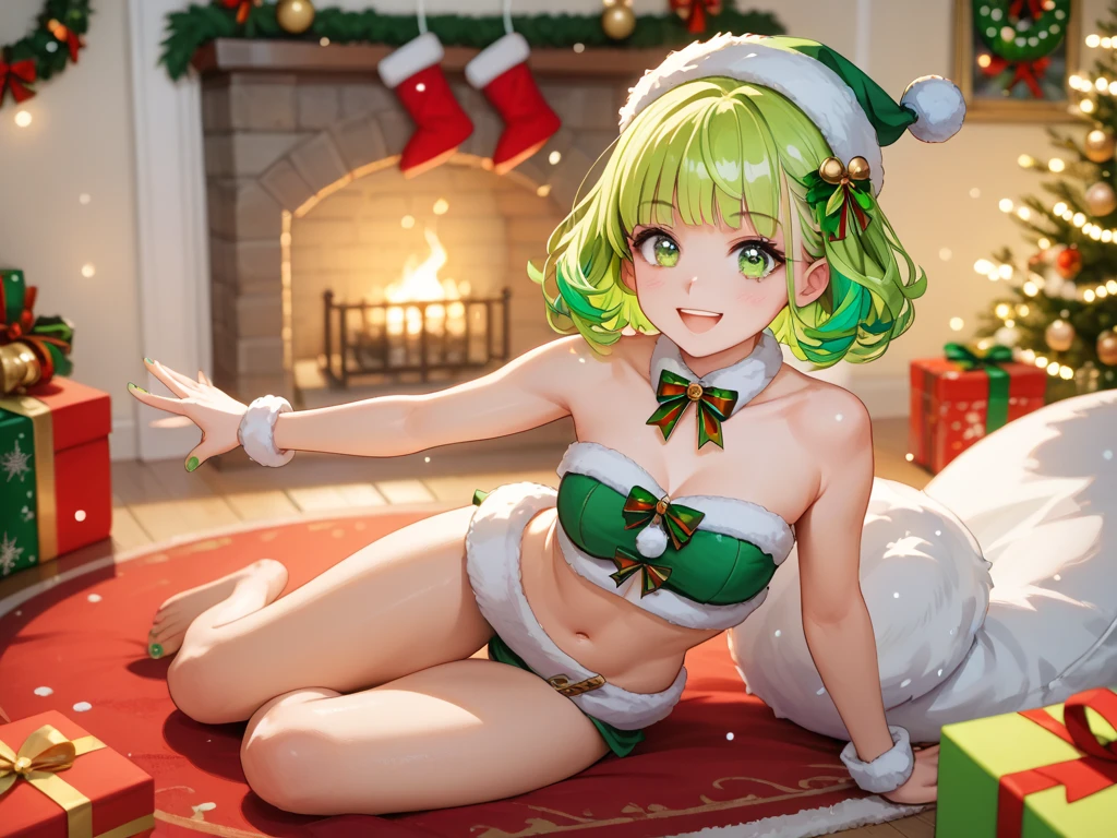 perfect eyes, christmas pinup elf, full body view, white skin, green eyes, delicate facial features, posing at the base of the christmas tree
