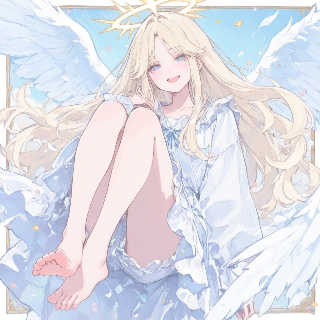 bes quailty,super fucking cool,tokyo takedown,(blurry:1.12),(blurry background),(depth of field:1.2),(High saturation:1.254),
1girl,angel,long blonde hair,one side up,blue eyes,(white transparent babydoll),(white transparent thighhighs),
(She is an angel girl with sitting on a stone pillar in sky and is surrounded by cumulonimbus clouds),
(She is an angel girl in cloudy sky and clouds),the girl in sky,the girl in heaven,
(huge curly white wings surrounding her body to cover and protect her),
((the Angel curls her wings to protect herself):1.3), ((the Angel hide behind her wings to protect herself):1.3), (The angel retracts her wings:1.2), sitting, solo, (big wings:1.3), (Curling wing:1.2), doll, full shot, full body,
////////////////////\\\\\\\\\\\\,
Depth of field,ray tracing,[(delicate face,delicate hands)::0.85],((chromatic aberration with strong rim light):1.3),double exposure, tyndall effect,
amazing,(impasto),sketch,(CG),best illustration,portrait,official art,(blue and (pink:1.12) theme),white background,((the Angel curl her wings to protect herself):1.3), ((the Angel hide behind her wings to protect herself):1.3), (The angel retracts her wings:1.2),
//\\/\/\/\/\/\/\/\/\/\/\/\/\//\\,
super fucking cool,((vector graphics,outline):1.35),(High saturation:1.254),surrounded by colorful splashes,shining,
(She is sitting on a stone pillar floating on the cloud and surrounded by huge curly wings:1.3),no shoes,distant pillar,falling feathers,((the Angel curls her wings to protect herself):1.3), ((the Angel hide behind her wings to protect herself):1.3), (The angel retracts her wings:1.2), sitting, solo, (big wings:1.3), (Curling wing:1.2), doll, full shot, full body,
((chromatic aberration with strong rim light):1.4), <lora:KawaiiDreamingV1:1>