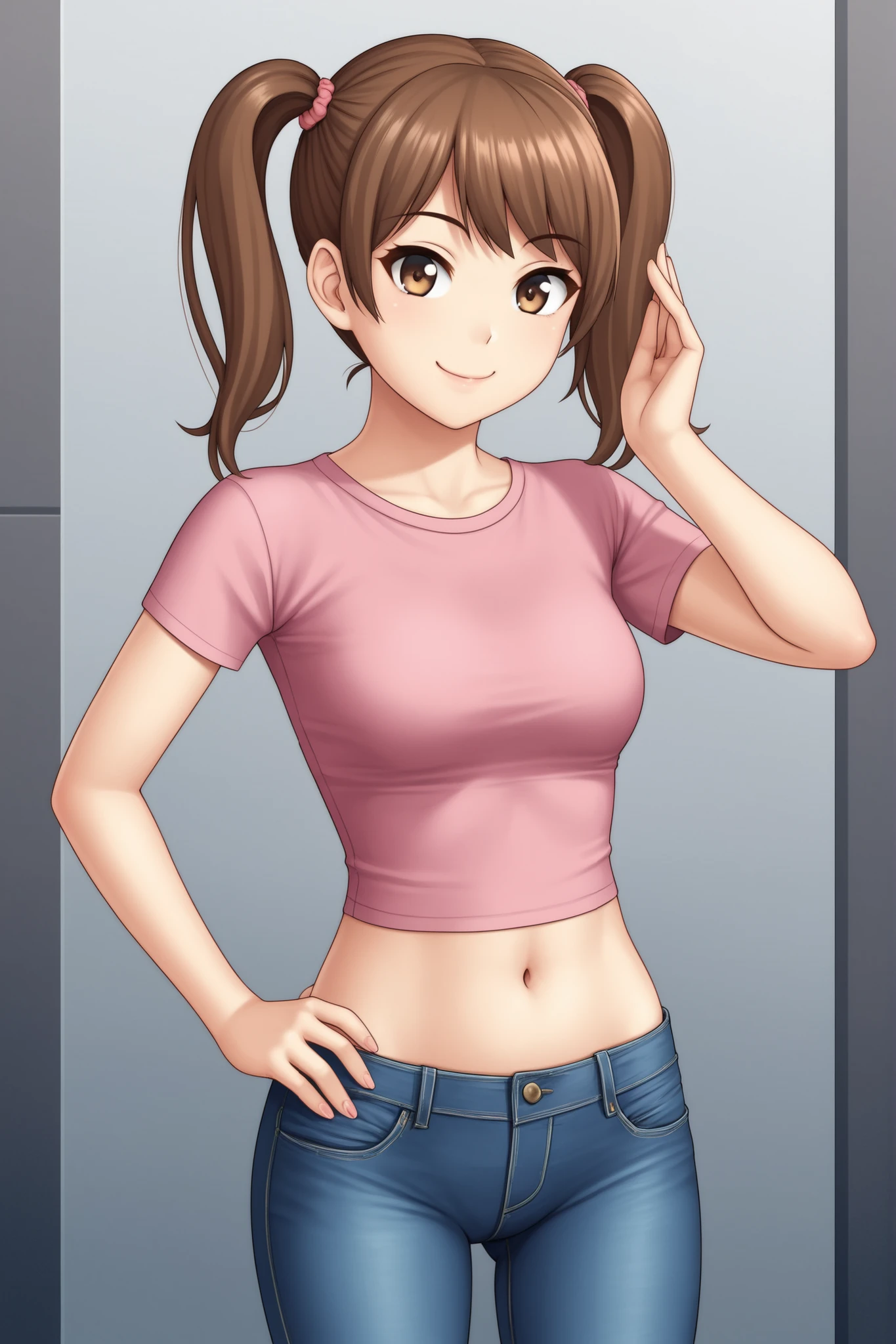 Solo, girl, brown hair, twintails, jeans, tight pink t-shirt, midriff, navel, smiling, closed mouth
