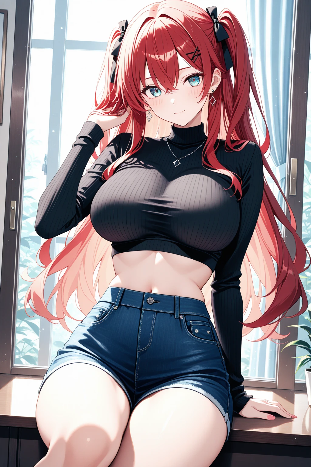 

3, 23 years old ladies. Lily has long blonde hair and piercing blue eyes, her outfit consisting of a crop top showing off her toned midriff and skintight jeans emphasizing her hourglass figure. Sophia sports short black hair with striking red highlights, wearing a low-cut dress that clings to her voluptuous frame. Lastly, Maya has fiery red hair flowing past her shoulders, donning a miniskirt paired with a sheer blouse tied at the waist, exposing her flat stomach. Despite their risqué attire, however, none of them seem self-conscious or uncomfortable; instead, they carry themselves with confidence and grace.