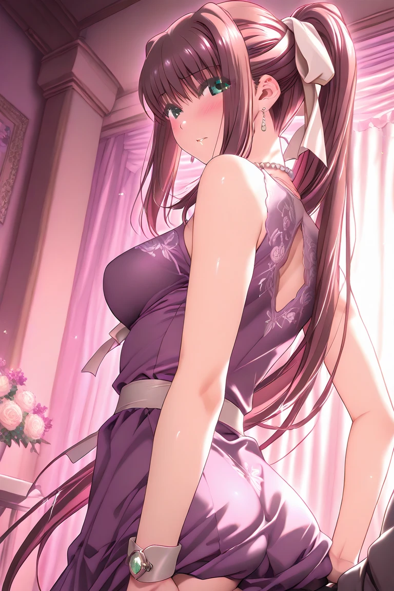 ((masutepiece, Best Quality, hight resolution, nffsw, Perfect Pixel, 4K, nffsw, nffsw))), 1girl in, Single, Solo, Beautie、full body seen、 ((Medium length wavy hair, Bangs, Brown hair)), ((Brown-eyed, Beautiful eyelashes, Realistic eyes)), ((Detailed face, Blushing:1.2)), ((Smooth texture:0.75, Realistic texture:0.65, Photorealistic:1.1, Anime CG style)), medium breasts, Dynamic Angle, Perfect body, (Santa Claus Costume、Red knitted hat、Red off-the-shoulder sweater、Long flared skirt、no-bra)), Christmas Lights、Looking up from the bottom of the stairs、Very embarrassing panic smile、Open your mouth and make a surprised face、 turned around、bending forward、(The wind flipped my skirt and exposed my butt................................................、stick out your butt、Touching the buttocks with both hands、Pink lace panties)、