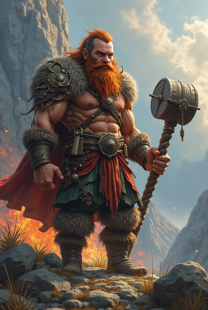 A fire Genasi male, hair red, red skin, a dark red bushy beard, a shirt no sleeves. A battle axe in one hand and a mug of ale in the other