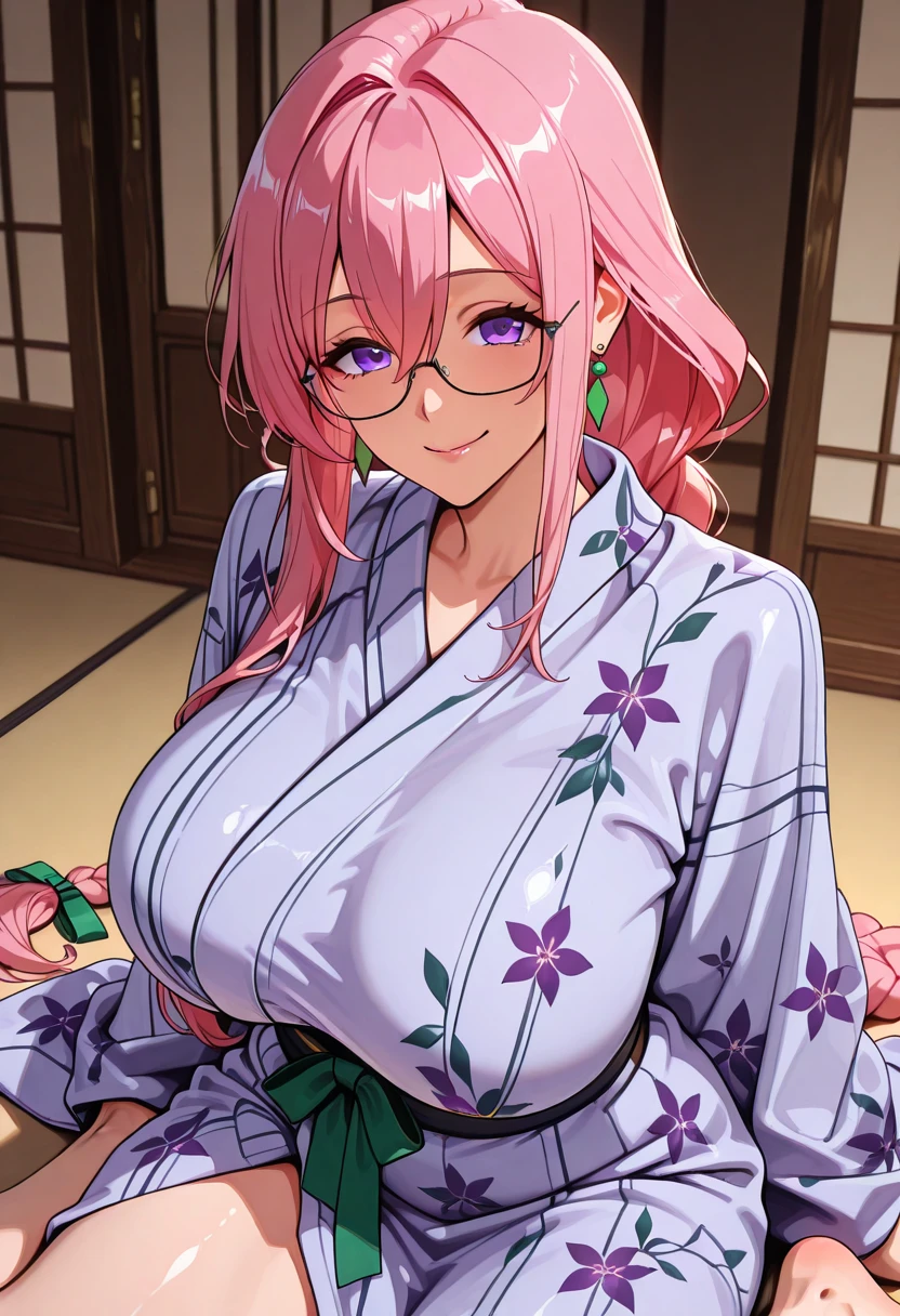 masterpiece、highest quality、1girl , huge breasts、deep cleavage、light pink hair、ponytail、brightly colored eyes、red eyes、glasses、japanese green kimono、charm、Wet、face turns red, very sweaty, dynamic pose、mesugaki、room