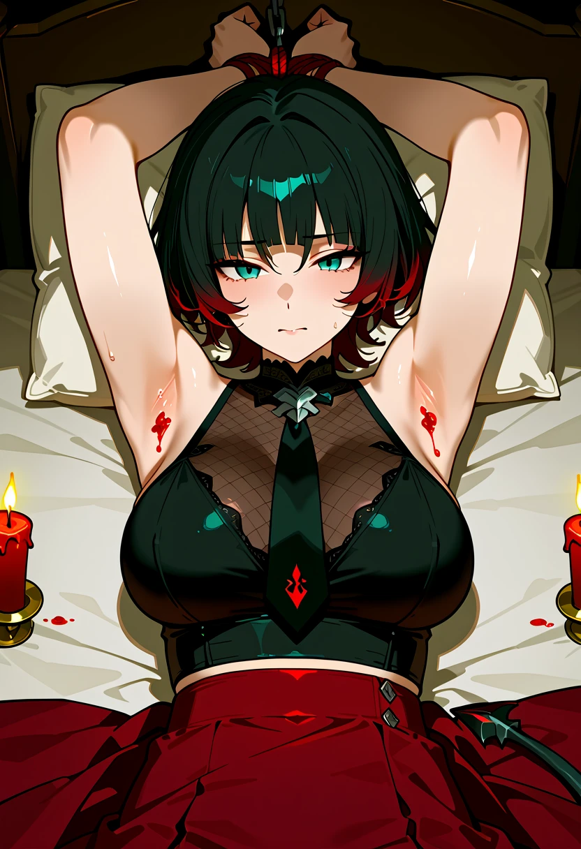 ((((1boy)))), ((thick eyebrows)), fangs, green eyes, ((red and black lingerie)), black hair, chubby, double tooth, (((bear ears))), embarrassed face,messy hair,cowgirl position, squatting, ((spread legs))