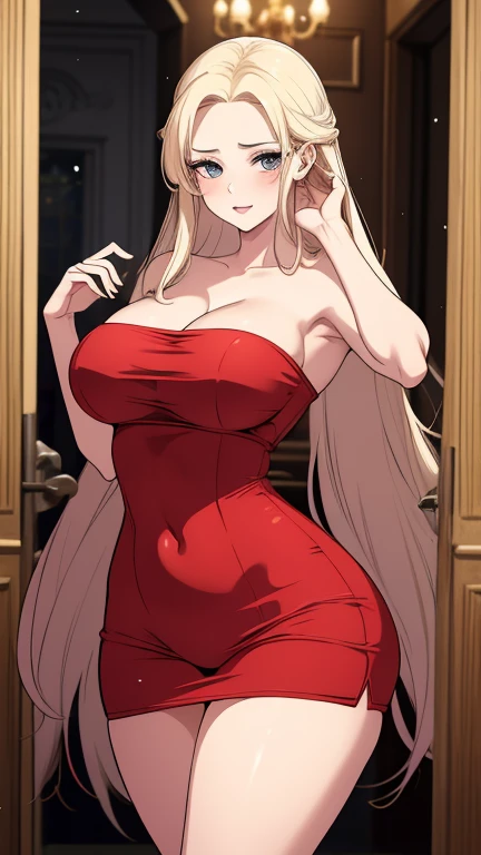 hyper realistic, attractive woman, giant breasts, gigantic waist, blonde long hair, ponytail, palace setting, sexy, perfect face, bar setting, pear shaped body, thick, seductive face, smirk, caucasian, tight red long dress, hand on hips, very sharp jawline, bending over, blue eyes,