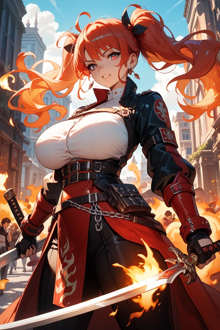 harolda crimson, Black and red cyberpunk outfit, respirator half mask, hair fades to red, hair to one side, wandering mercenary, choker, half demon, anime, crimson chains of ash, THE GRIMREAPER, burning flames, big tits