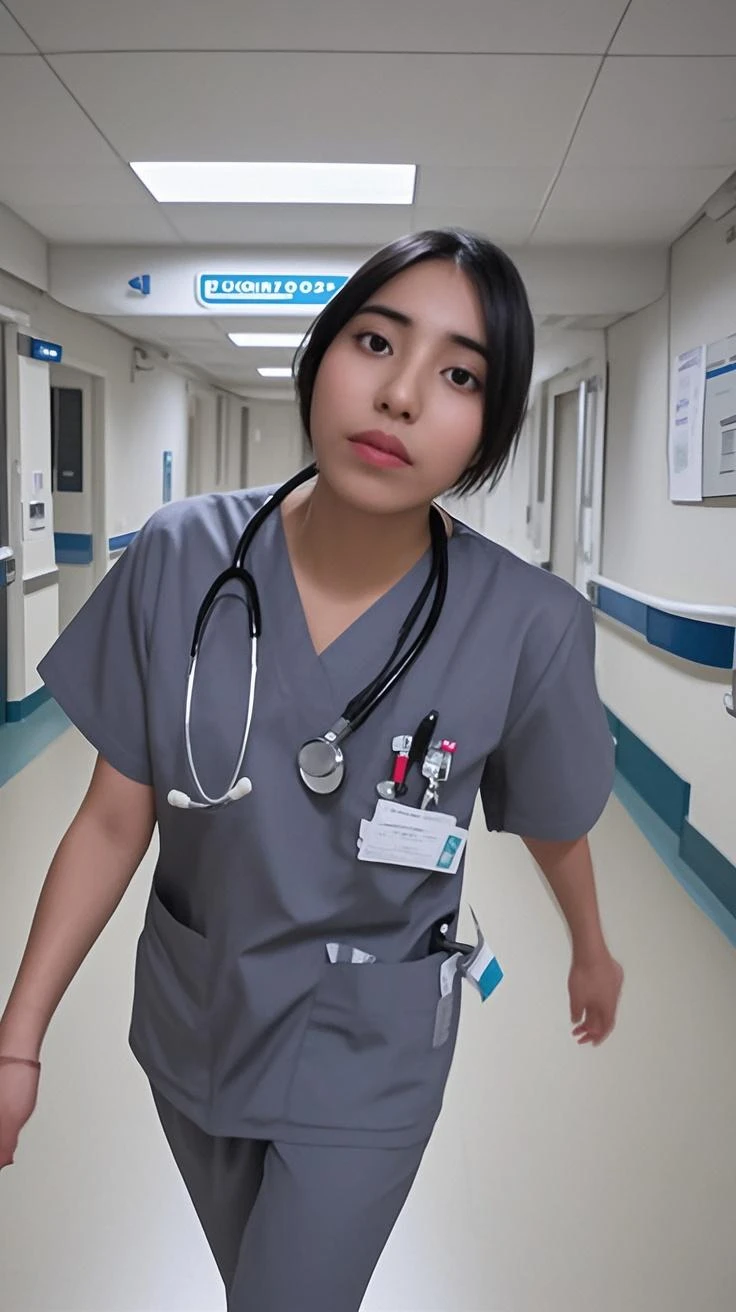 beautiful (dark wide outie pussyface:1), screaming, looking into bathroom mirror, fingers in mouth, wearing medical scrubs <lyco:pussyface_v0.21_2:1>