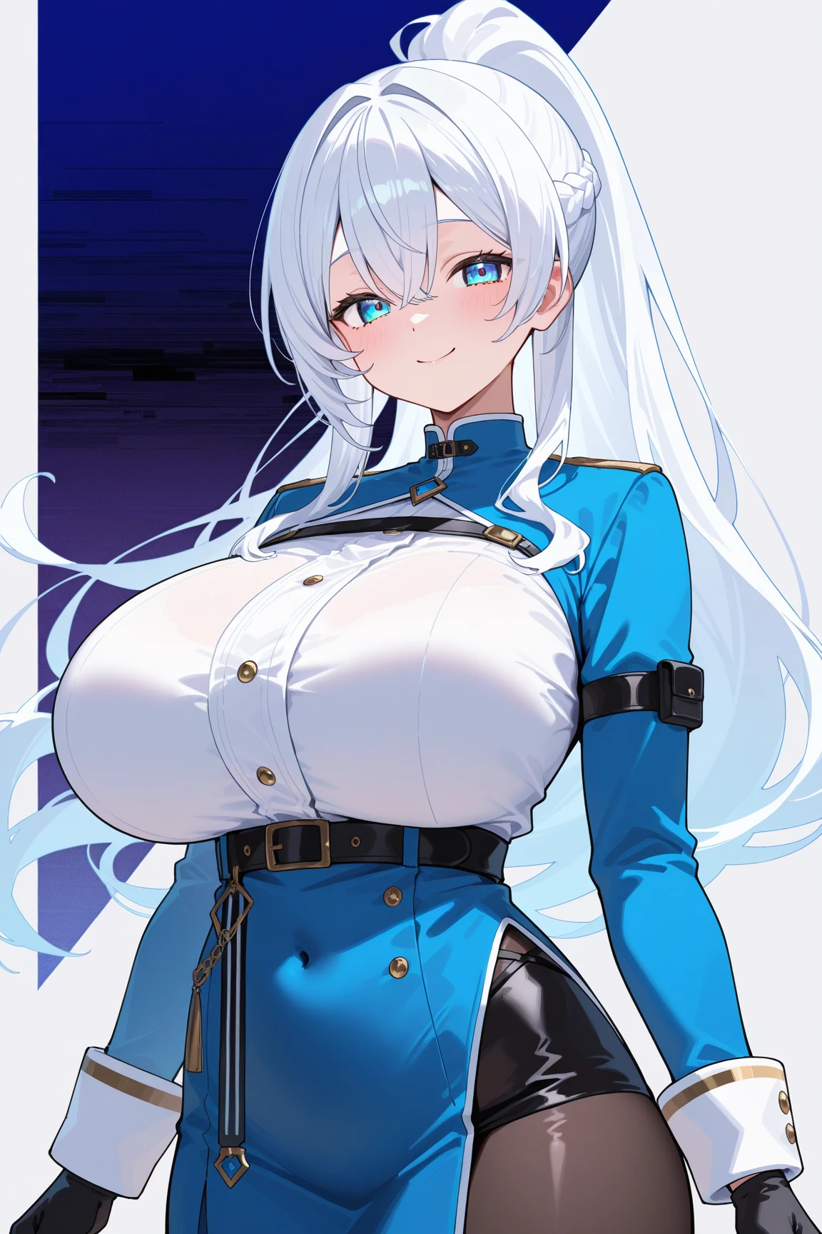 1girl, dark-skinned female, dark skin, white hair, long hair, huge breasts, thick thighs, wide hips, mature female, blue eyes, police uniform, police, policewoman, police hay, shy, timid, parted lips, bikini, highleg bikini