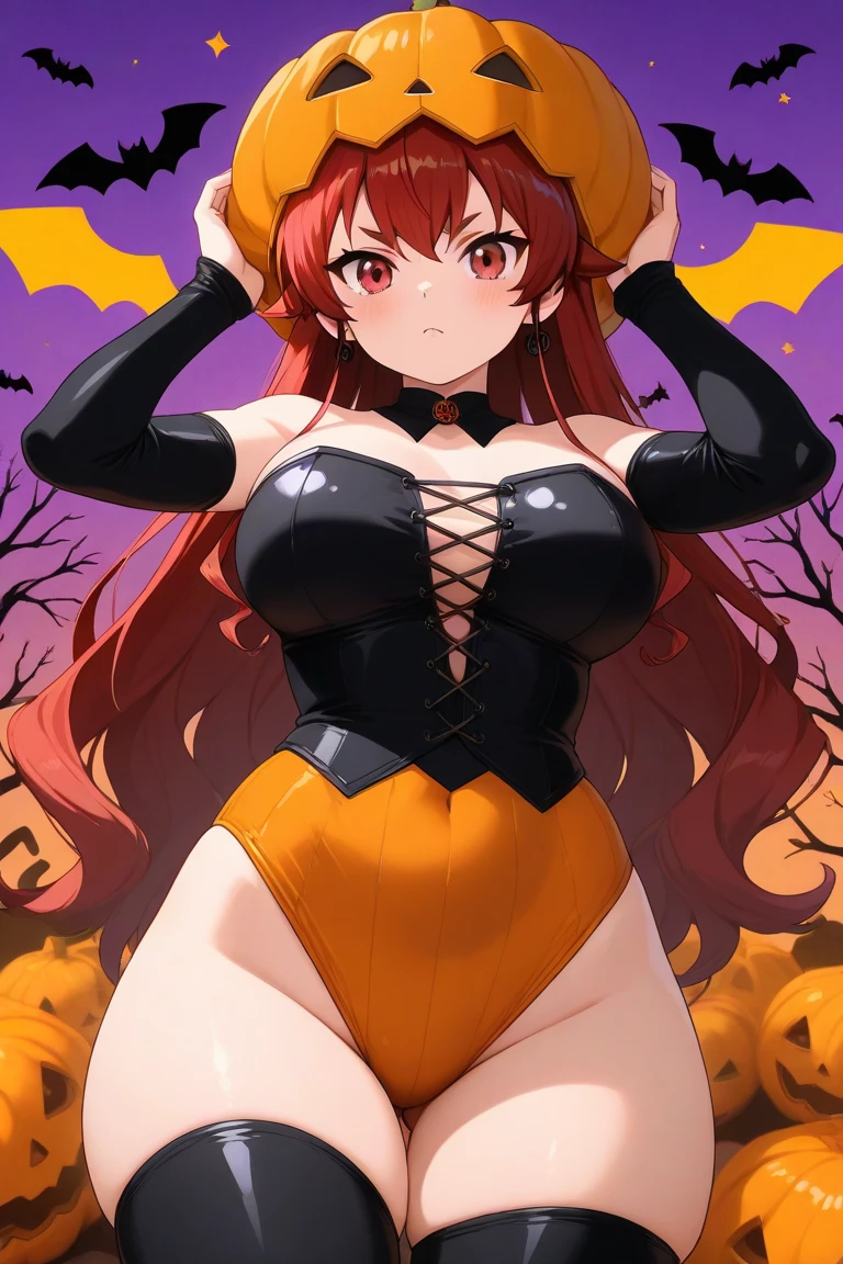 Solo, 1girl, orange hair, brown eyes, long hair, large breasts, narrow waist, hourglass, slim, looking at viewer, smile, pov, smug,