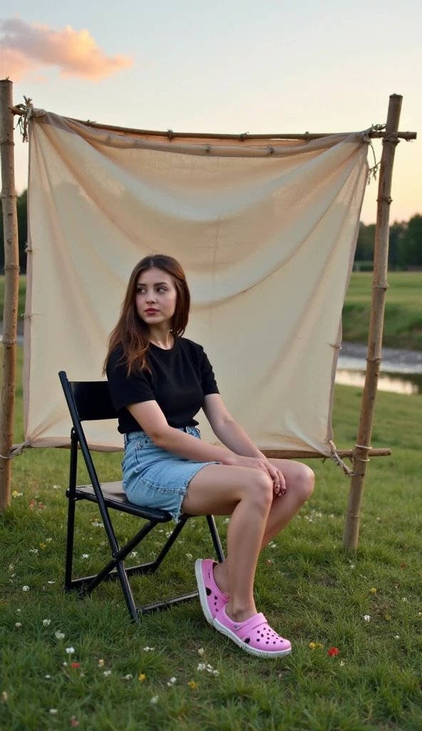 A beautiful girl sits on the embankment by the river