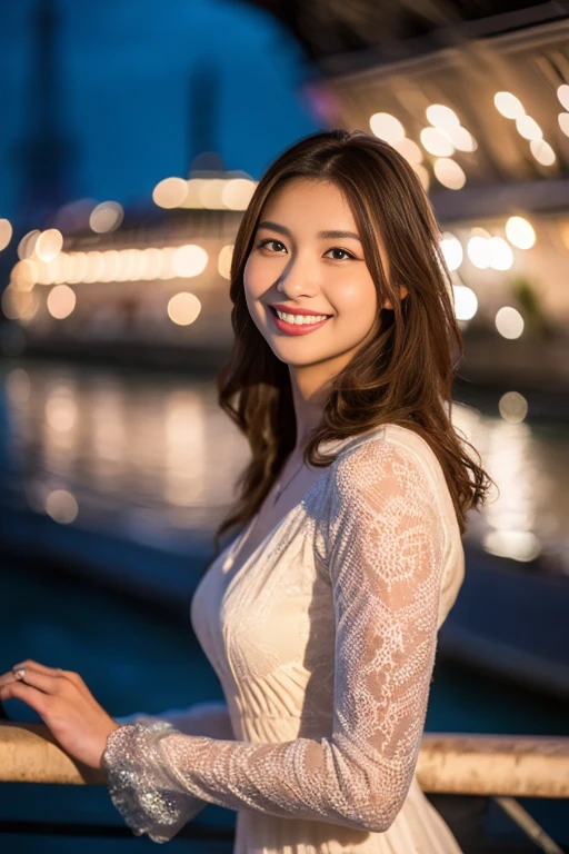 ((Highest quality, 8K, Ultra high definition)), ((masterpiece: 1.3)), (Perfect appearance), (Photorealism: 1.6), (JMA), (PG), (1人のJapanese Mature), (60 years old, Japanese Mature), (A Japanese woman standing on a balcony looking at the night view: 1.6), (Sideways figure of a woman: 1.4), (Only the face turns around: 1.4), (Late Night: 1.2), ((A woman standing at the edge of the screen: 1.6)), (Standing with both elbows leaning on the railing: 1.2), Slightly parted lips, A gentle smile, (Straight long hair), (See-through long dress: 1.4), (Bust up portrait: 1.4),