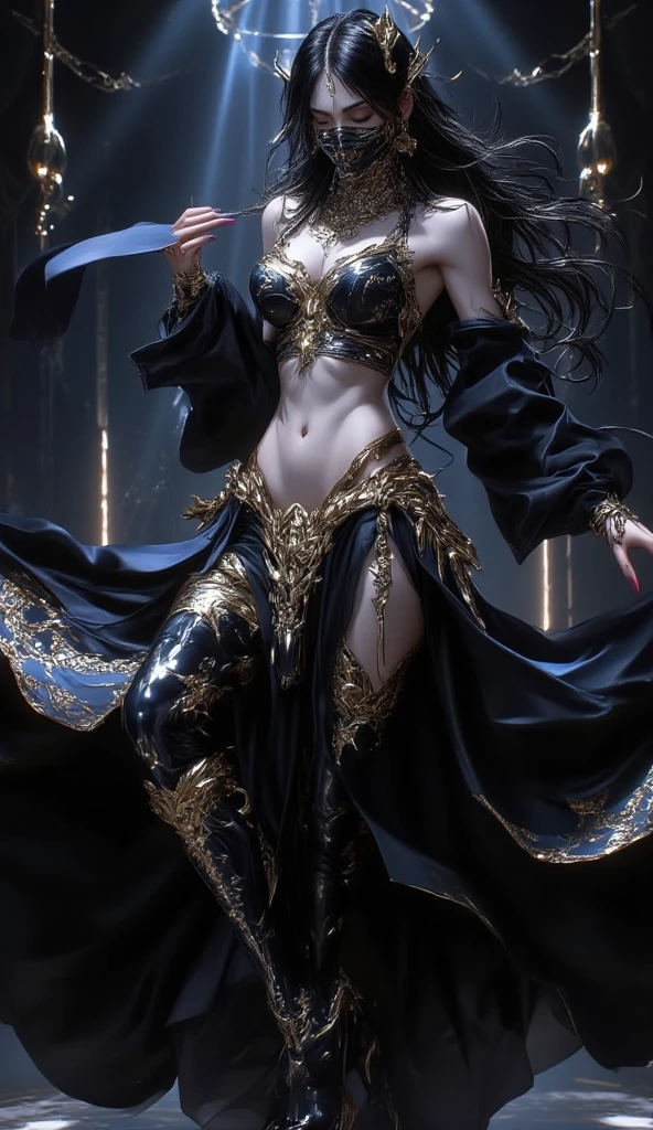 (full body:1.3),((ultra realistic illustration:1.2)),(dark fantasy:1.4), In a desert kingdom. Beautiful harem girl, black hair with bangs, seductive dark eyes. dark tan skin, (short:0.8),gorgeous fit figure, toned legs,natural medium breasts, abs, perfect round ass, perfect skin, sheer silk dress, gold jewelry, navel piercing, Egyptian eye makeup, pomegranate red lips, gold sandals. Masterpiece, (highly detailed:1.2),(detailed face and eyes:1.2), 8k wallpaper, natural lighting. core shadows, high contrast, bokeh.