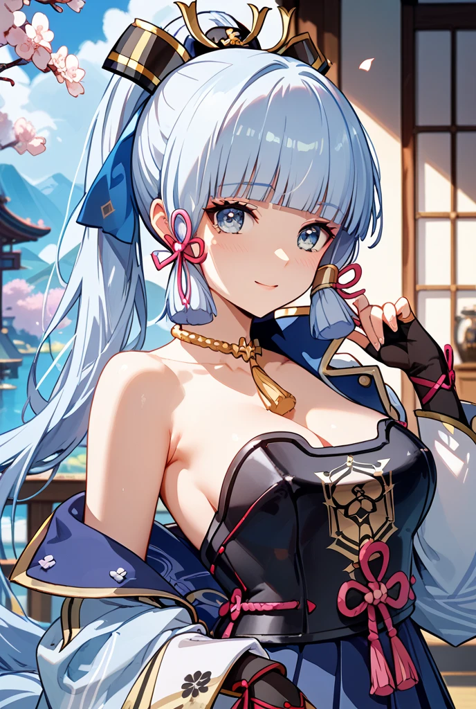 tmasterpiece,A high resolution,best qualtiy,1girl solo,kamisato_ayaka,ssmile,komono,big breasts exposed cleavage