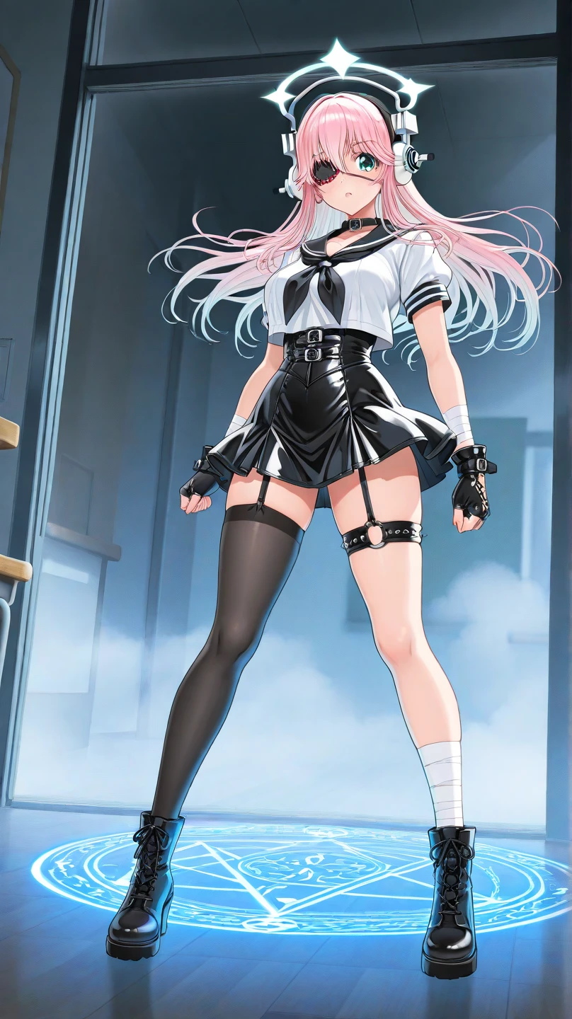 masterpiece, best quality, anime official art, 1girl, flay allster, pink hair, long hair, pale cerulean eyes, military uniform, long sleeves, belt, black skirt, green thighhighs, full body, evil smile