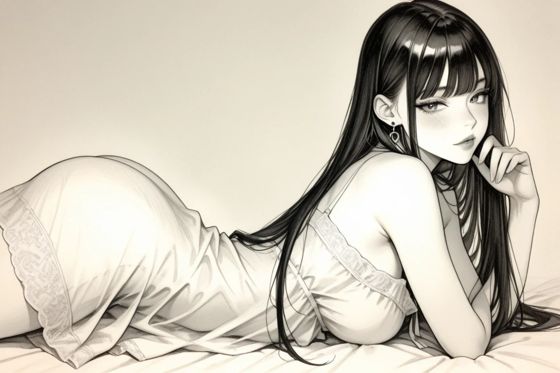 anime girl laying on bed with her head on her hand, extremely fine ink lineart, seductive anime girl, perfect lineart, black and white manga panel, black and white manga style, beautiful line art, sui ishida art manga, thick black lineart, line art!!, black and white manga page, bold lineart, in style of manga