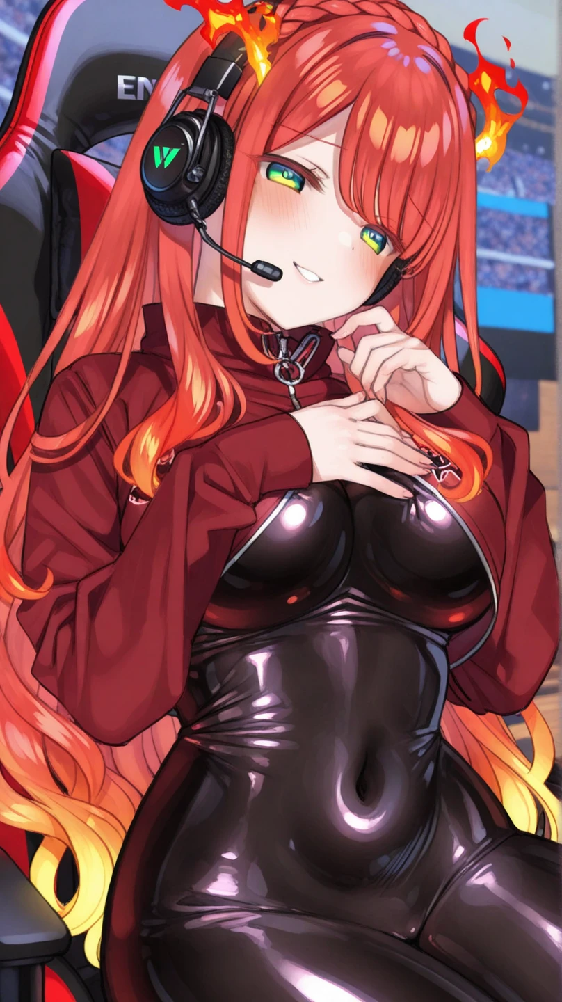 Araffe vestido com uma roupa preta e uma jaqueta vermelha, wearing atsuko kudo latex outfit, Katarina, de League of Legends, Catherine, ariana grande as a sith, Masuimi Max,  na rainha harley preta, latex ?????, cyber punk setting, muito sexy diabo roupa, gesto de pose pudica sexy