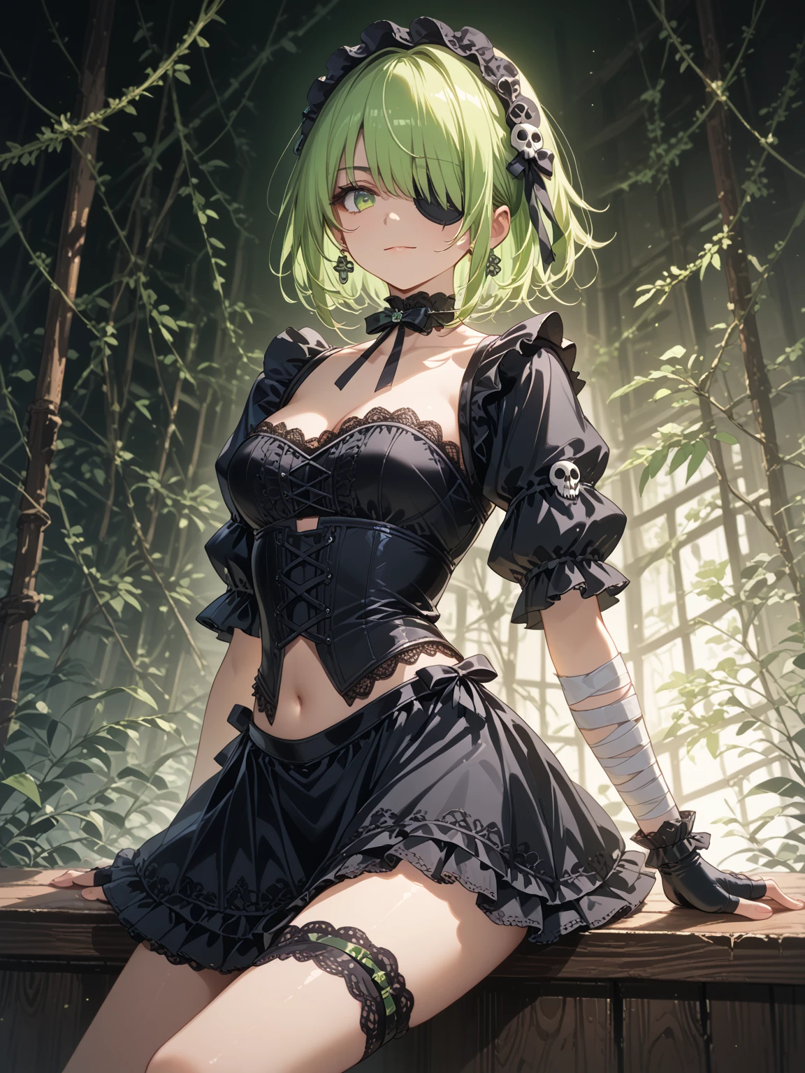 , girl, shorthair, green hair, green eyes, fantasy, colorful,green tuxedo,white knee high socks,brown short boots,green beret,black short pants