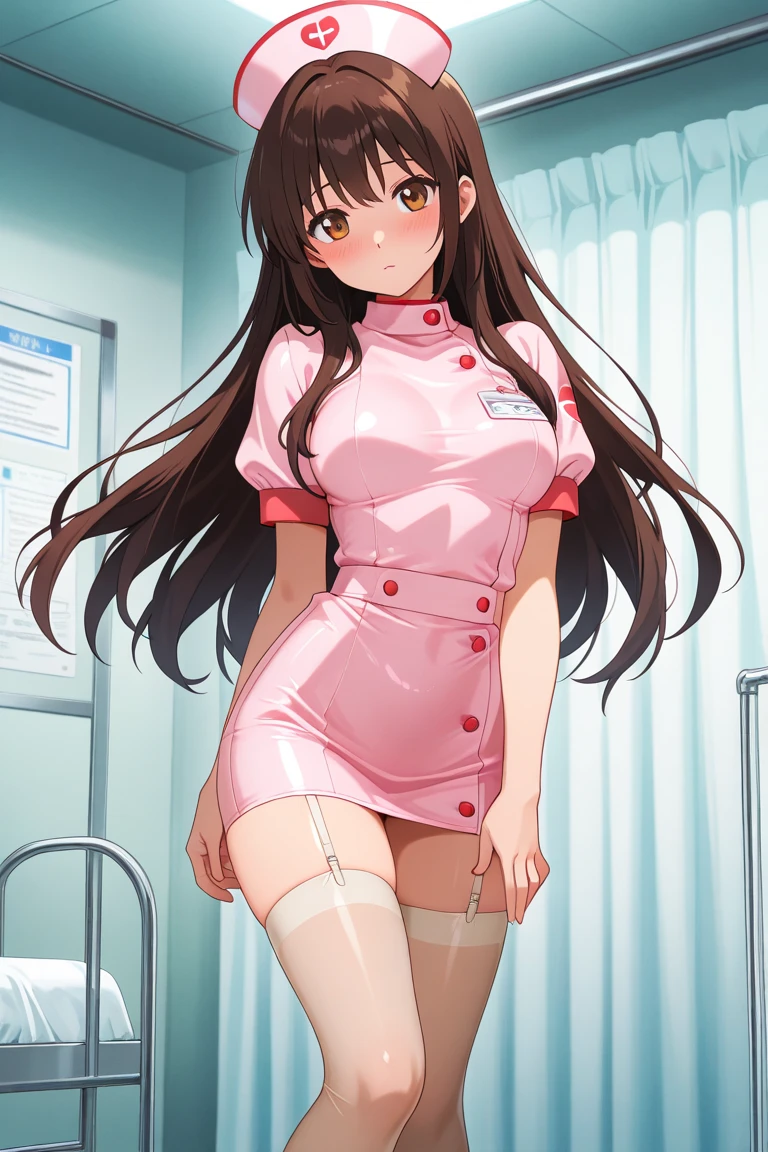 seki hiromi, long hair, brown hair, red eyes, wavy hair, forehead, solo, nurse, ((white nurse cap, white nurse's outfit)), ((white legwear, zettai ryouiki)), white gloves, smile, standing, hospital room, sharp outline, short sleeves, best quality, masterpiece