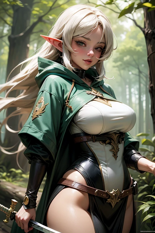 full body shot, a militantly sexy and stunningly beautiful long-haired green-eyed albino elf in a beautiful leather ultra-short skirt and a jacket with deep open cuts stands against the backdrop of a forest thicket on a forest alley shod in short boots, her legs are bare to panties, the back light is the sun's rays through the foliage of trees, front soft fill light,beautiful chiaroscuro on the body,shallow depth of field,high detail,clear focus,detail focus,photorealism,tranding on artstantion,mark ryden style --auto --s2
