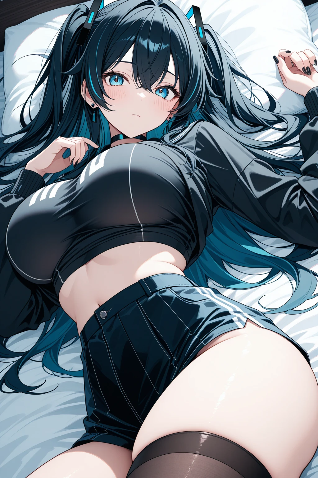 One woman、solo、Long Hair、chest、Staring at the audience、bangs、blue eyes、大きなchest、Simple Background、shirt、Black Hair、gloves、Long sleeve、hat、belly button、Shoulder Bare、中くらいのchest、Sitting、Blue Hair、Jacket、Side Lock、Colorful Hair、Open clothes、No sleeve、黒いgloves、abdomen、belt、pants、Off the shoulder、stomach、Raise your arms、開いたJacket、coat、Crop top、between legs、黒いshirt、No sleeve shirt、黒いhat、mask、Halo、黒いpants、白いJacket、Black Background、Baseball cap、Raise your knees、黒いbelt、開いたcoat、口mask、Underbust、白いcoat、黒いmask、Snap Fit Buckle