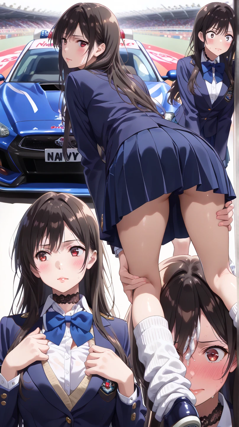 In the car,1 Girl, Red eyes, Twin tails, brown hair,((顔 focus)),upper body,Navy blue school swimsuit, undressing,pussy,bangs, eyebrows visible through hair, Small breasts,1boy,finger in vagina,ass pov, pussy juice,