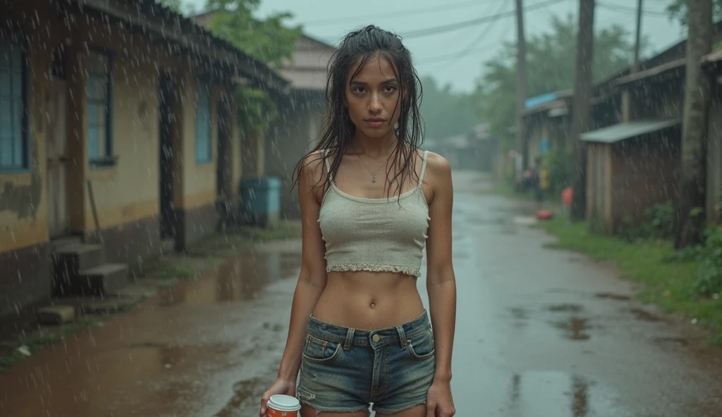 beautiful indian princess, (tube top), unbuttoned blue shorts, small breasts, standing in deserted alley, eyes closed, hands tied with rope behind back, pink socks, full body shot, high res, night, rain, dirt streaks on body, eyes closed, sweaty body, raining