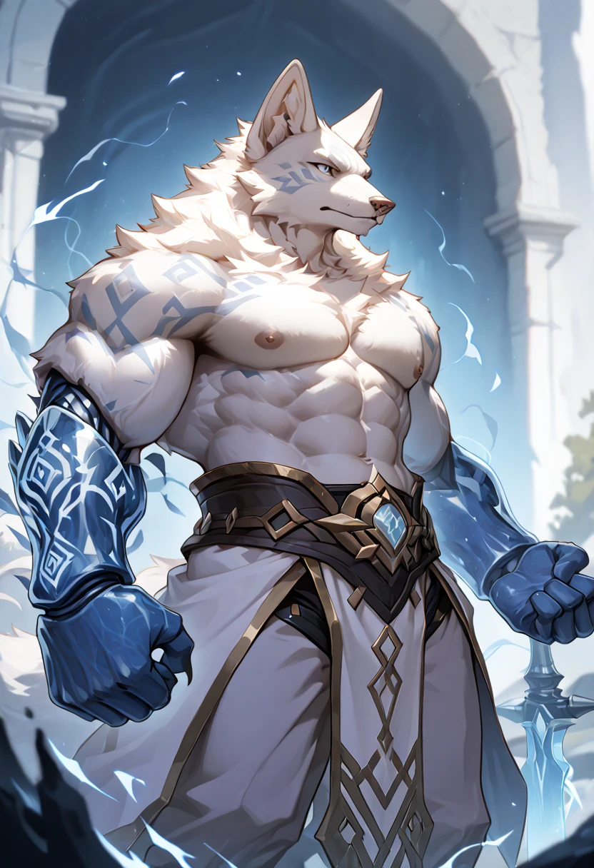 Ultra-clear white wolf，Half-length figure，The only person ，nude， Clear blue eyes， Handsome smile， White cape，White loincloth， Bare chest muscles， Waiting for someone to fall into your arms ，cloudy day， ruins， A masterpiece of the highest quality ，Exquisite details，Correct structure