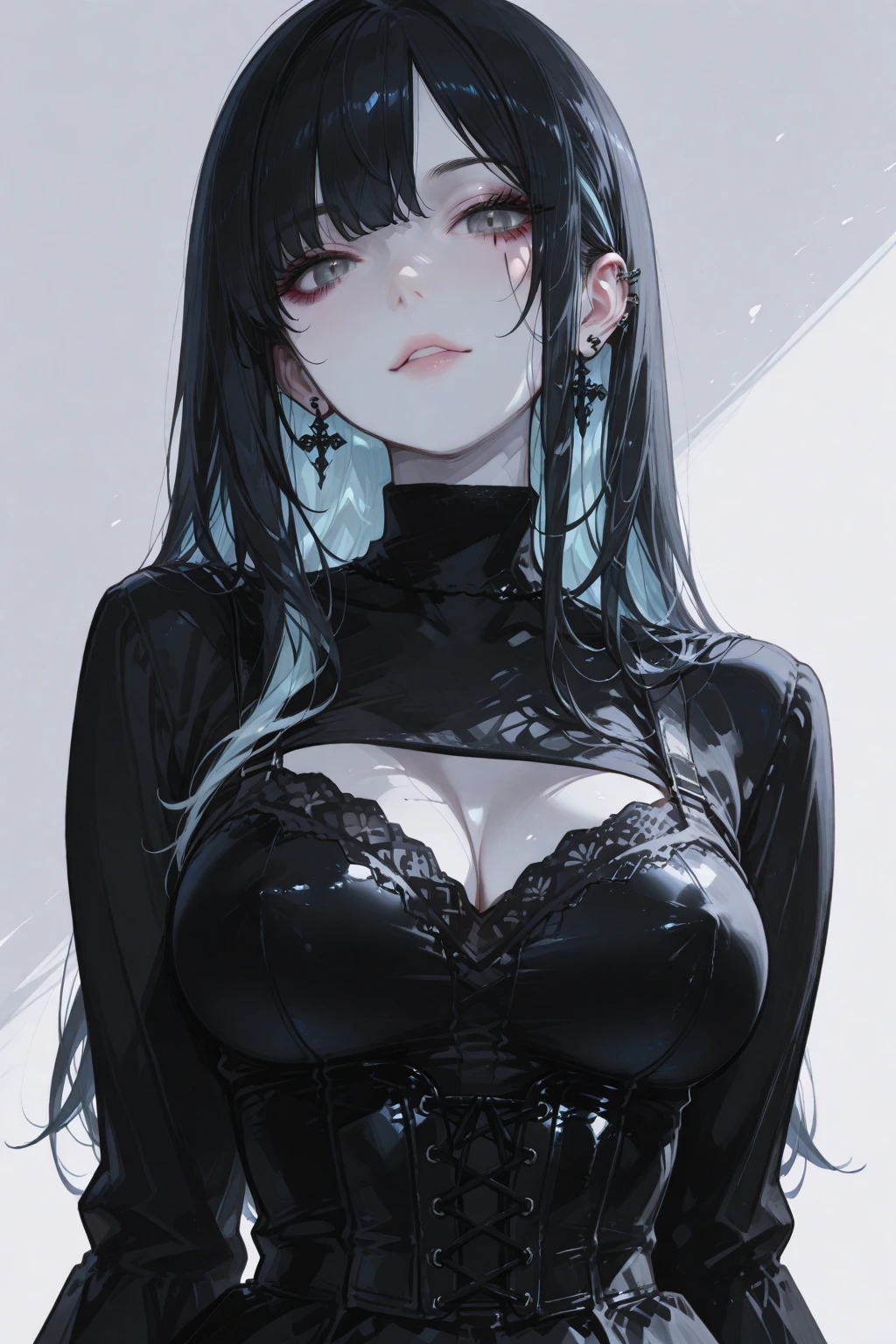 Cute girl with long dark grey hair，(Black lace jumpsuit:1.2)，blush，Shiny skin，Large breasts，Black tights，Dark blue eyes