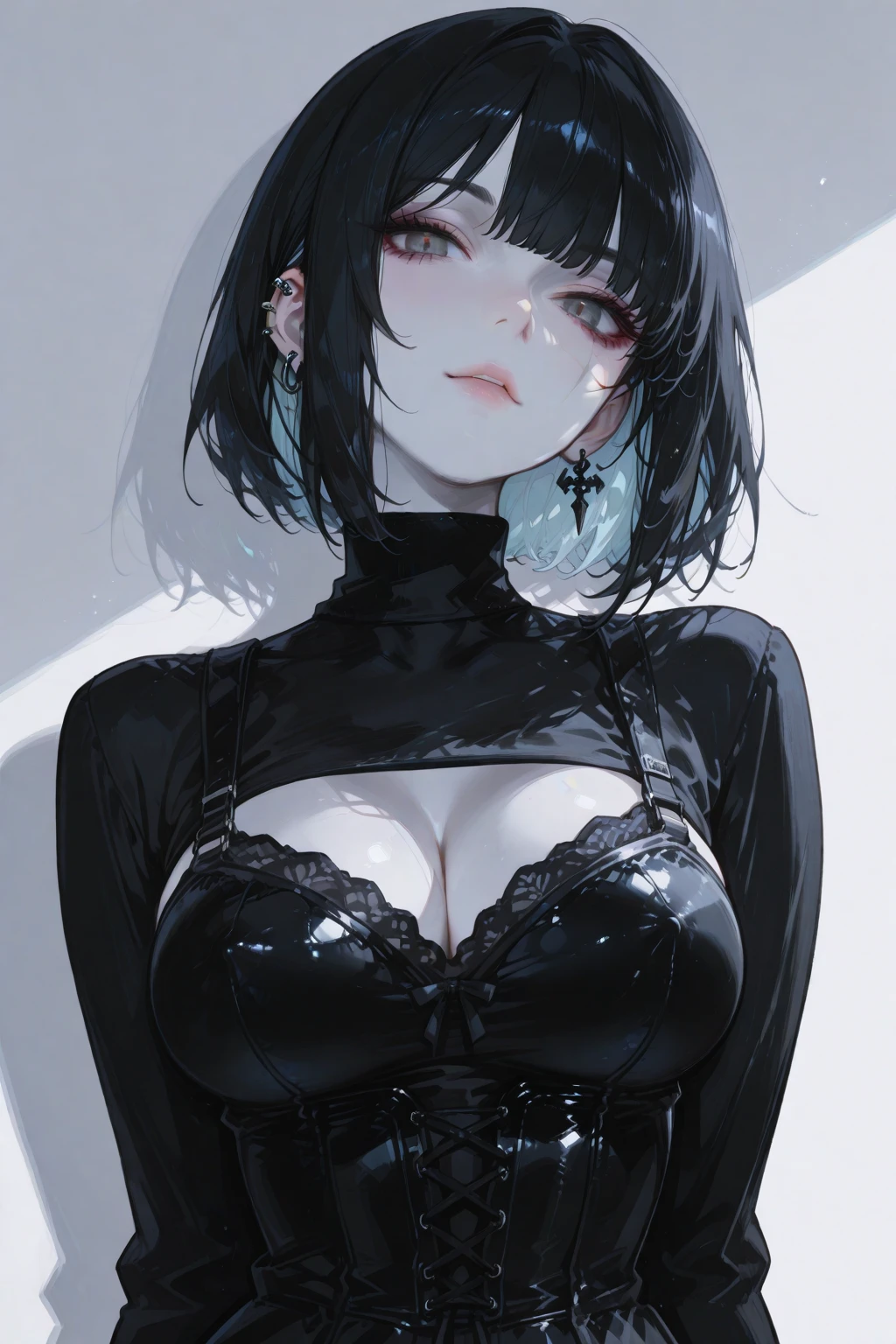 ((masterpiece)), (ultra high quality)), impressive details)), ((NSFW)), ((Depressing and dull colors)), (perfect lighting)), 1 girl, (perfect body), clear skin, short hair, big natural breasts, Nose piercing, shading in the eyes, gothic, black painted lips, dark clothing, shirt and short skirt, front view from above, pose sexy