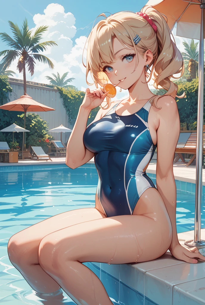 top-quality、Full limbs、complete fingers、Slender beauty、straight haired、blondehair、Medium Hair、Raw feet、(Solid yellow competition swimsuit:1.3)、The overall color of the swimsuit is yellow、Wet texture、Beautiful Large Breasts、Bath at home、Blushing、Hot flashes、Soaking in hot water