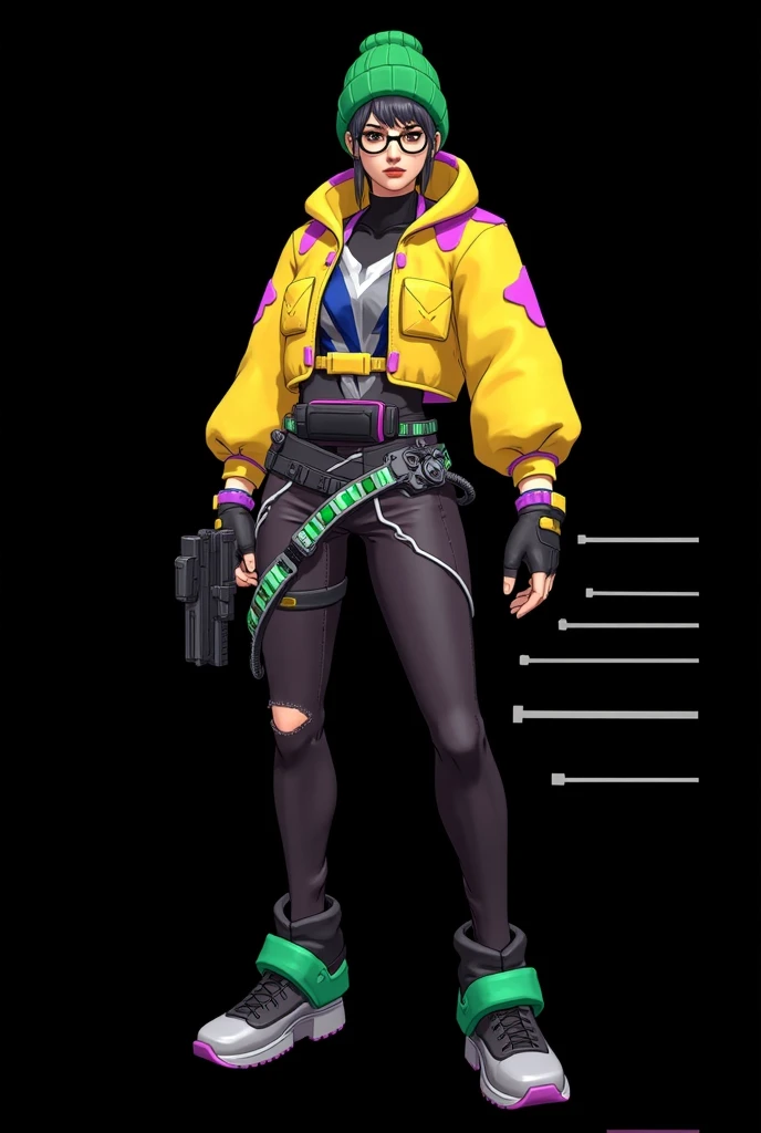 Cyberpunk Girl wearing a phosphorescent yellow green clothes and sneakers