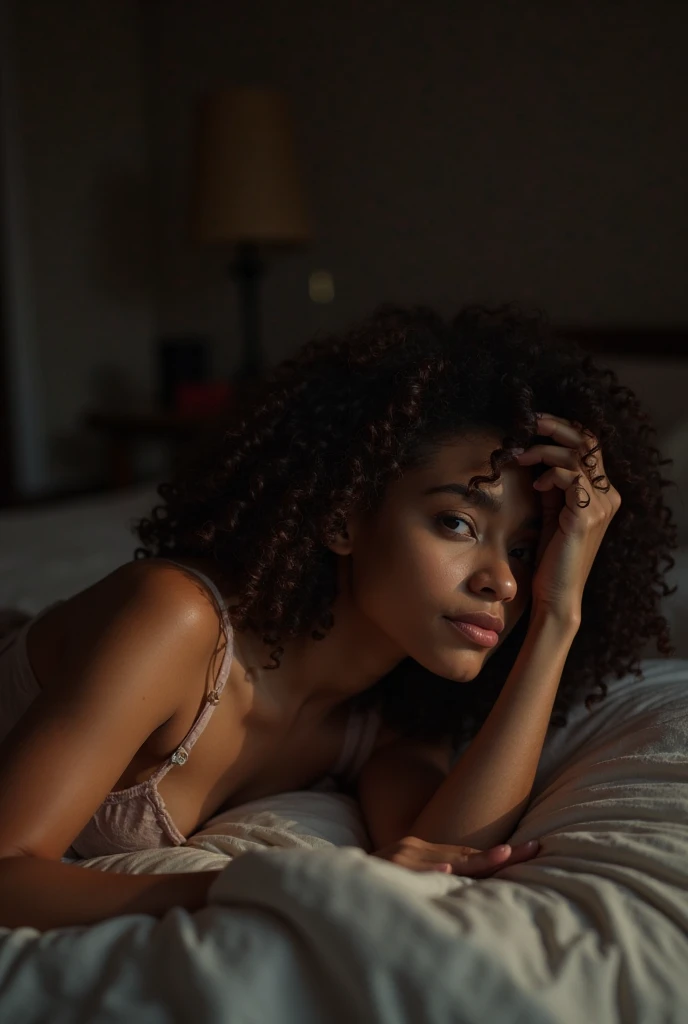 there is a woman laying on a bed with her arms crossed, posing in bed, on my bed, laying back on the bed, while posing in the same bed, wavy hair spread out, laying in bed, with afro, with haunted eyes and curly hair, laying on a bed, curly afro, laying on her back on a bed, lying at the bed