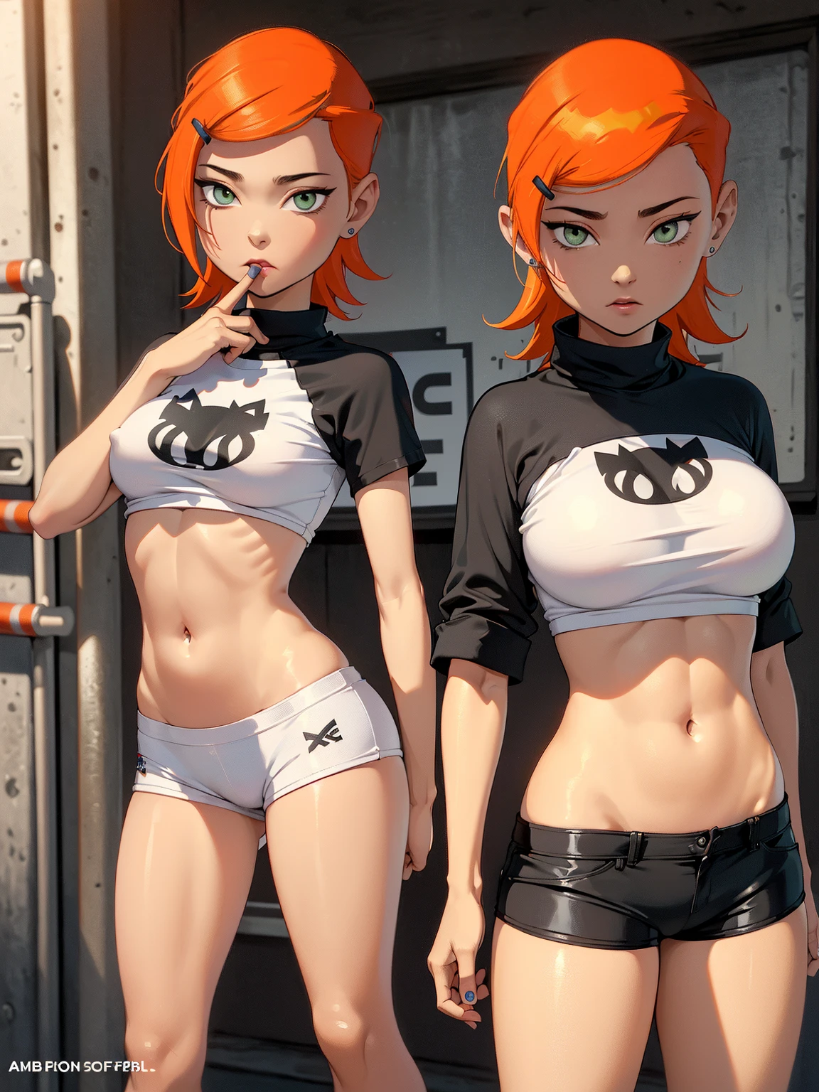 realistic, Beautiful detailed girl, clear and beautiful, Personage as the main perspective, shiny_skin, girl,woman,female, young,25 years old, (medium hair), bangs, (Top knot:1.3), sidelocks, orange hair, (beautiful detailed Glass hair), pink streaked hair,beautiful detailed cold face, cold expression, complex details beautiful and delicate eyes, fingernails, medium_breasts, , orange eyes, Authentic skin texture, gleaming skin,(Multiple piercings), necklace,(sports bra:1.3),(racing bloomers:1.3),bloom,(line art:1.2),realistic illustration,(unreal engine),(GoPro),(insanely detailed),perfect shading,(digital art),(ray tracing),(intricate detailed),creative refinement,(dark atmosphere)
