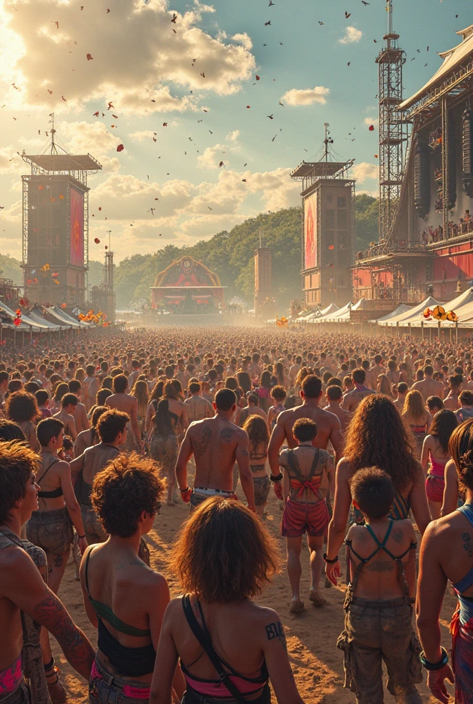 Girl in white bikini, girl with glasses, photo taken from behind, people walking around a festival with a lot of colorful signs, festival vibes, dance trance edm festival, outdoor rave, psytrance, wild rave outfit, one person at a music festival, rave party, scene of a rave, edm fans, music festival, rave clothing, extremely psychedelic experience, people dancing in the background, daring rave outfit, dancing in the background