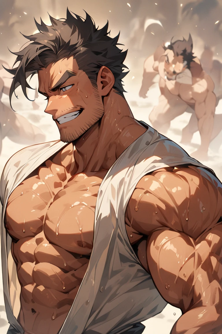 Muscular Bakugou Katsuki burning in fire kiln baking cake wearing white dhoti and gold waistband, muscular rugged body and handsome face, smirk on face