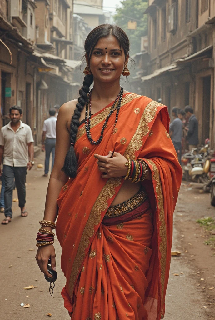 (smiling Indian woman:1.2), bold, short hair, confident gaze, full body shot, tastefully dressed