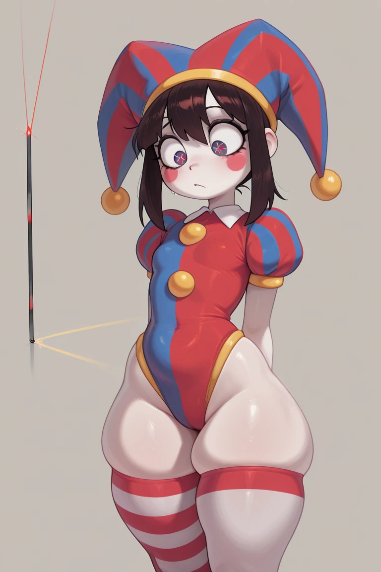 (masterpiece:1.2), (highly detailed:1.2), pomni, anime style, pomni, 1girl, solo, clown girl, detailed landscape,dynamic pose, looking at viewer, short hair, brown hair, (his eyes are blue and red and bright), red and blue clothes, scared, cute face, hat, thick legs, wide hips, striped, arms and hands at the sides, arms out of sight, puffy sleeves, symbol-shaped pupils, bodysuit, blush stickers, shy, jester cap, clown, view of the coast, view from behind,
