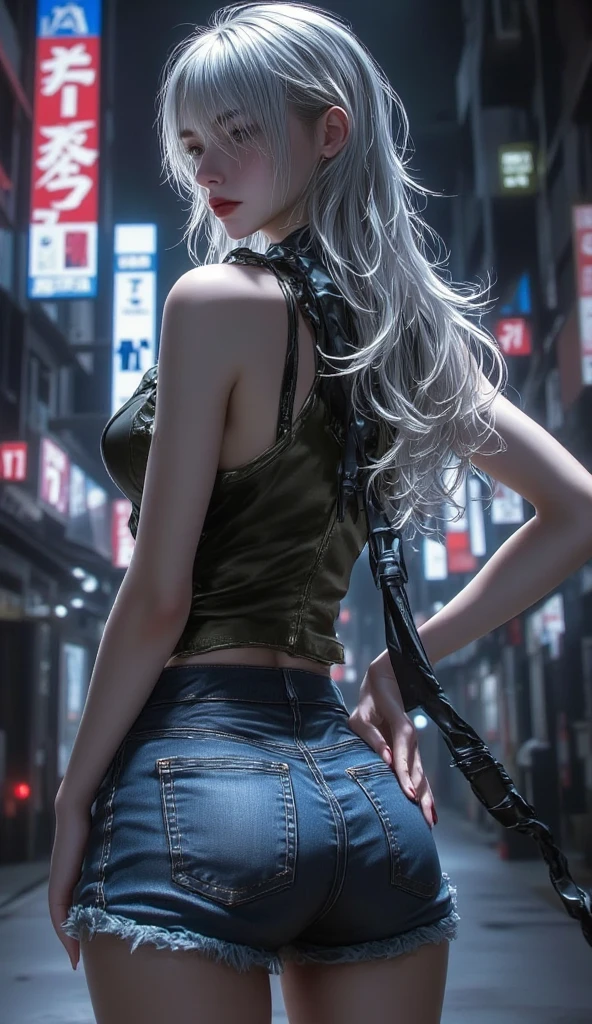 HD,sexy ciri, ponytail,at night,street, dimples of venus, knee high boots, short skirt