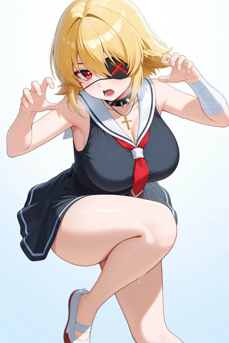 <lora:kitagawa_marin_v1-1:1>, kitagawa marin, 1girl, blonde hair, long hair, multicolored hair, red eyes, jewelry, earrings, piercing,  black choker, blue necktie, bikini, crying, tears, squatting, peace sign, peace sign on two hands, shows peace sign, spread legs