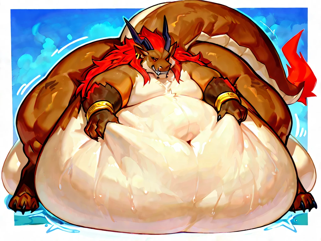Anthro dragon with red scales and a beige underbelly, white mane, very big and very thick white beard, old, chest hair, orange eyes, black horns and claws, large, overweight, fat, big belly, belly, giant belly, bloated belly, bulging belly, vore, gurgling belly. Lazy, dad, daddy, dilf, bara, adult, aroused. Laying down at a beach spreading legs, relaxed, burping, green burp cloud, holding belly. Wearing Hawaiian shirt, black underwear, sunglasses. Sunset, midnight, tropical, hawaii.