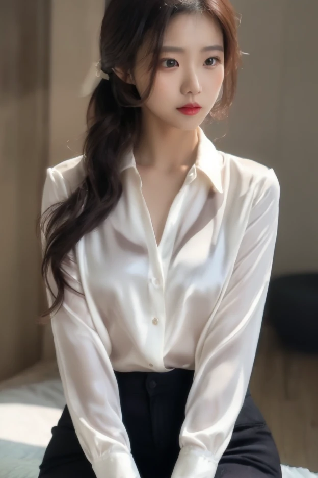 absurdres, RAW photo, extremely delicate and beautiful, masterpiece, Best Quality, ultra high resolution, 32k, hyperrealistic, ultra-detailed, perfect anatomy, super Detailed skin, perfect figure, Super Beauty, Perfect Style, Perfect balance, Beautiful Lighting, Perfect Lightning, Realistic Shadows, 20 years old, very Slim body, narrow waist, very small head, very small face, delicate facial features, handsome detailed woman, very detailed eyes and face, realistic face proportions, Realistic beautiful face, Realistic beautiful eyes, tearful mole, earring, very huge round breasts, legs, medium hair, full body shot, indoor, tight black skirt, White t-shirt,