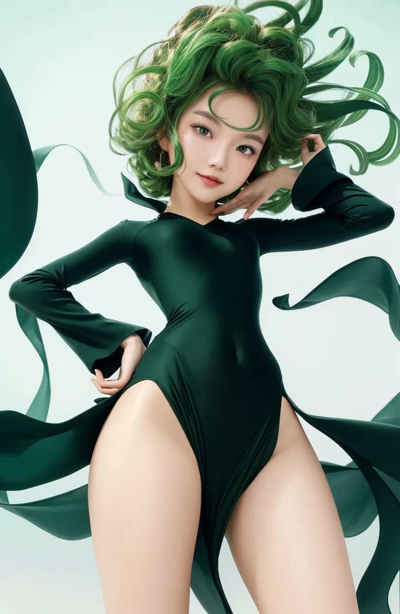 (masterpiece), (high quality: 1.2), real life, real action, 1girl, solo, standing, spread both hands, tatsumaki one punch, green hair, short hair, churly hair, green hair, cute face, girl face, beauty face, full body, perfect body, perfect anatomy, no panty, naked, nude, seen pussy with hairy, black shoes, all in realistic, all in ultra detail, 8k, ultra HD quality, 70mm lens