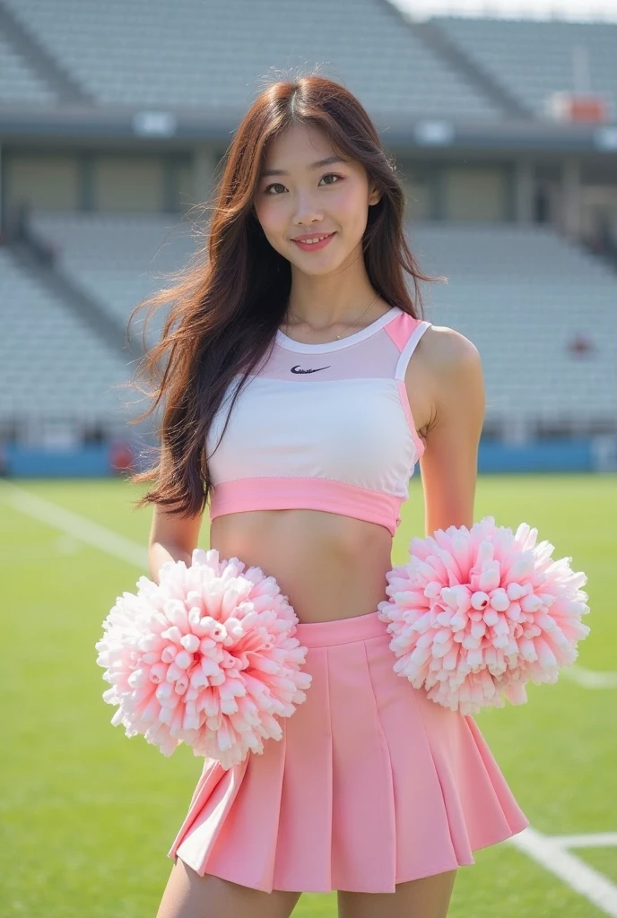 best quality,ultra-detailed,realistic,portrait,beautiful detailed face,longhair,female korean cheerleader, korean asian cheerleader,holding a cheerleading baton in her hand,in a garden with a pink carnation headband,white cheerleading uniform with a sleeveless low-cut sports top and a white pleated skirt,close-up portrait shot of a woman,AR 16:9 movie,realistic female cheerleader,movie still,TV station photography,cheerleading costume,facial close-up shot of a female cheerleader in a realistic manner, cinematic photography