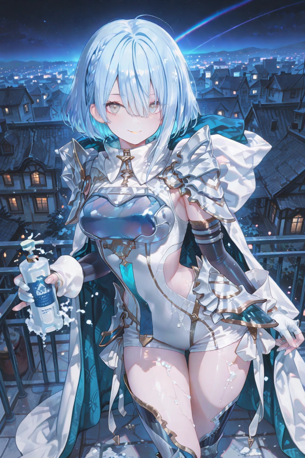 Okappa thick eyebrows silber hair blue eyess Genial look teens girl steampunc blue flower short hair