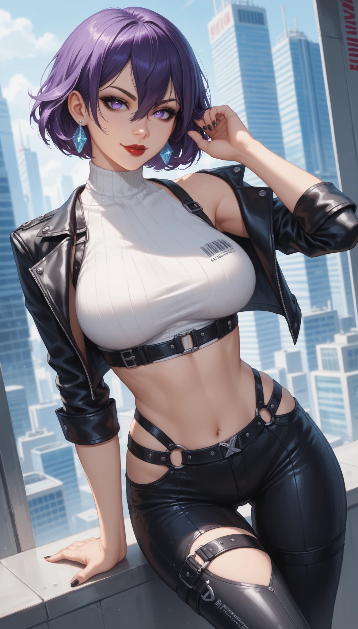 A beautiful cyclops woman, futuristic black glasses, with purple hair tied up in a ponytail, white colored T-shirt with no details, black colored pants with no details, wearing a futuristic armband on her right wrist