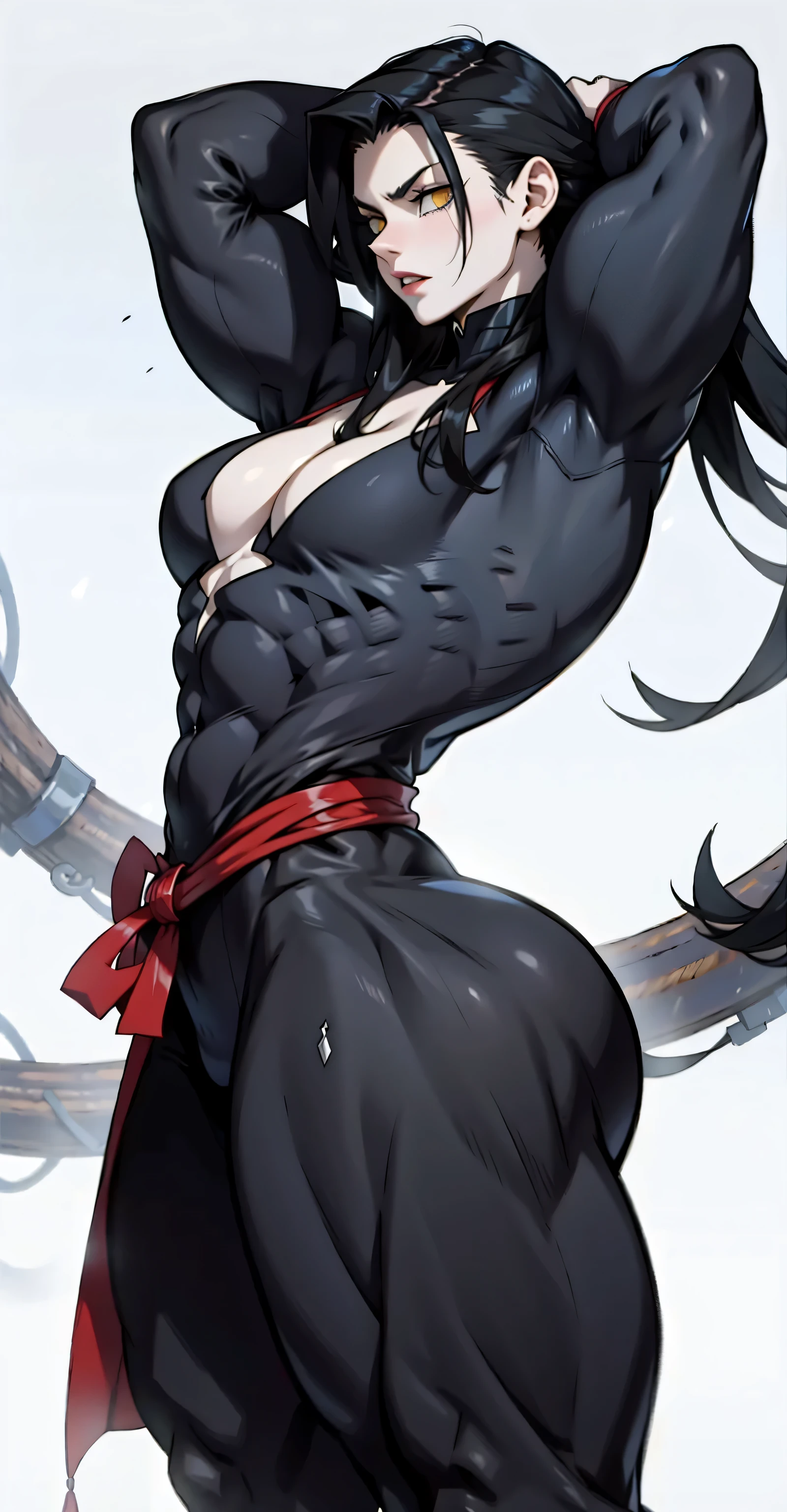 a close up of a cartoon of a woman with a knife, fullbody commission for, commission for high res, thicc, oc commission, sinister pose, full body xianxia, katanas strapped to her back, cel - shaded art style, dark sorceress fullbody pose, commission for, thick black line art, raven branwen, rwby, black hair, expressionless, makeup, empty eyes, black hair, 8k, super detail, 4K, HD, highres, best quality, award winning, high quality, high details, super detail, textured skin, anatomically correct, ccurate, masterpiece, retina, UHD, hyper detail, hyper detailed face, thicc, biomechanical oppai, oppai, thicc, oppai proportions, sfw version, taimanin, platform heels, boots