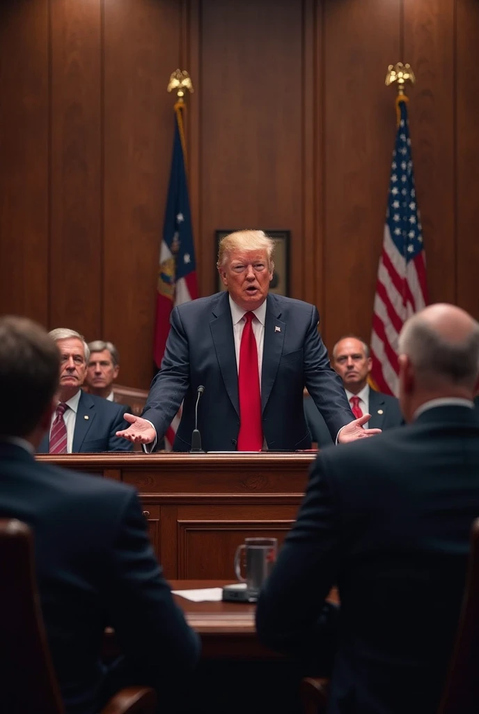 donaldtrump sitting at the defense table in a courtroom. There is a stack of paper on the table in front of him.